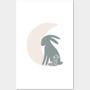 Crescent Moon and Bunny| Boho Nursery Print| Celestial Cottage Core Wall Art Posters and Art